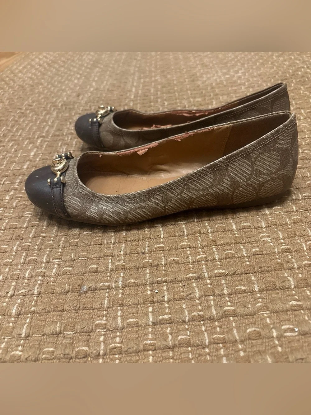 Coach Brown Logo Ballet Flats with Black Cap Toe and Gold Accent